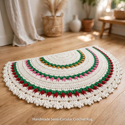 Handmade Crochet Layered Door Mat – Mustard, Pink & Maroon Floral Lace Design