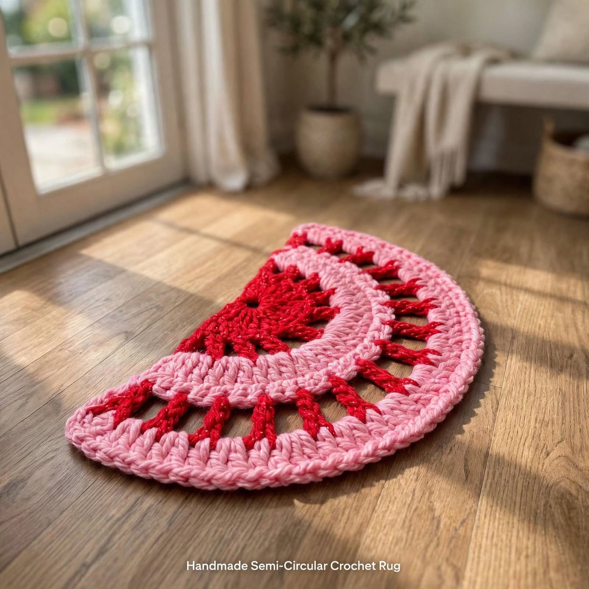 Handmade Crochet Round Stitch Door Mat – Red & Baby Pink Design