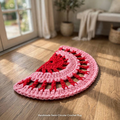 Handmade Crochet Round Stitch Door Mat – Red & Baby Pink Design