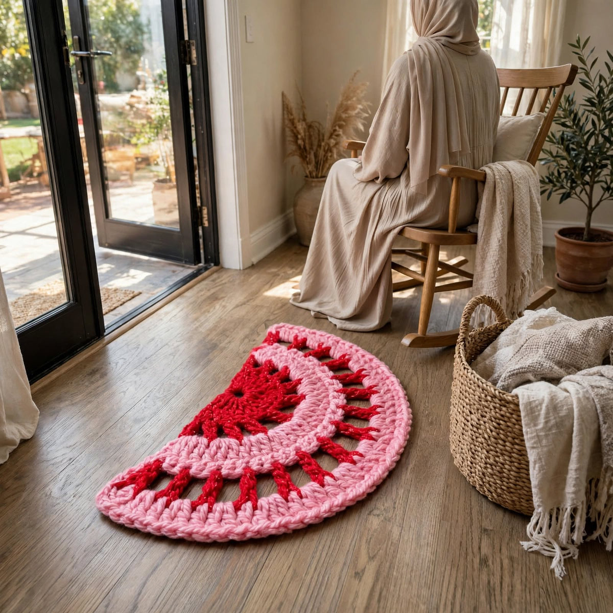 Handmade Crochet Round Stitch Door Mat – Red & Baby Pink Design