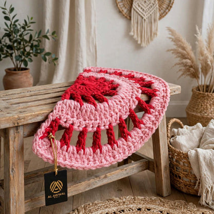 Handmade Crochet Round Stitch Door Mat – Red & Baby Pink Design
