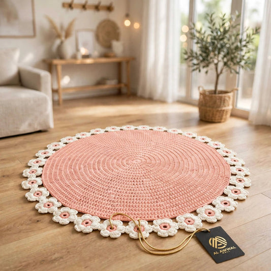Handmade Crochet Round Door Mat – Ice Pink with White Floral Border