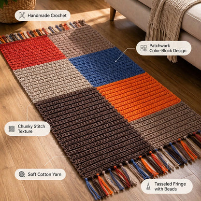 Handmade Crochet Patchwork Door Mat – Dark Block Color Design with Tassels