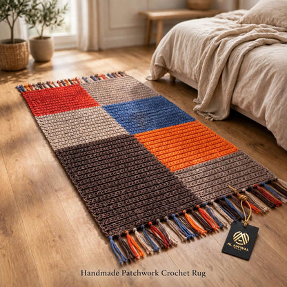 Handmade Crochet Patchwork Door Mat – Dark Block Color Design with Tassels