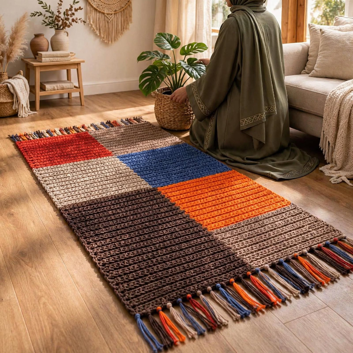 Handmade Crochet Patchwork Door Mat – Dark Block Color Design with Tassels