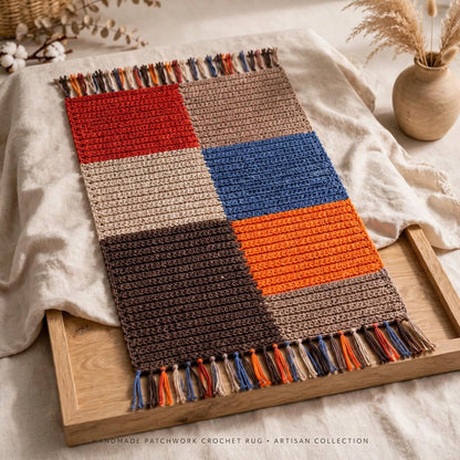 Handmade Crochet Patchwork Door Mat – Dark Block Color Design with Tassels