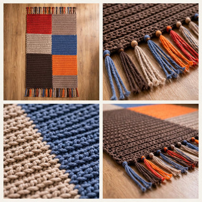 Handmade Crochet Patchwork Door Mat – Dark Block Color Design with Tassels