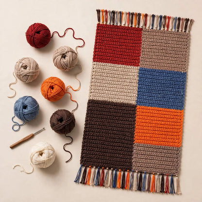 Handmade Crochet Patchwork Door Mat – Dark Block Color Design with Tassels
