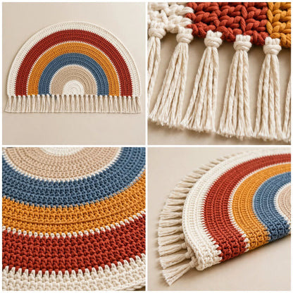 Handmade Crochet Layered Half Moon Mat – Multi-Color Design with Cream Tassels