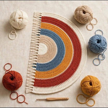 Handmade Crochet Layered Half Moon Mat – Multi-Color Design with Cream Tassels