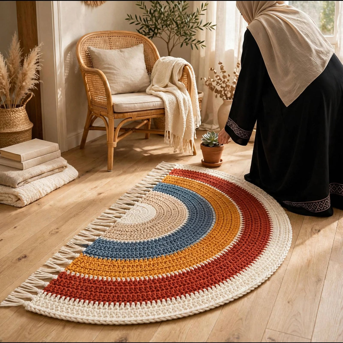 Handmade Crochet Layered Half Moon Mat – Multi-Color Design with Cream Tassels