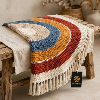 Handmade Crochet Layered Half Moon Mat – Multi-Color Design with Cream Tassels