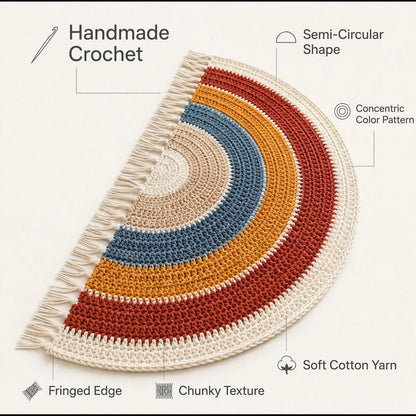 Handmade Crochet Layered Half Moon Mat – Multi-Color Design with Cream Tassels