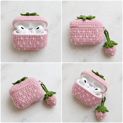Handmade Crochet Earbuds Case – Pink & Baby Pink Cover with Strawberry Charm