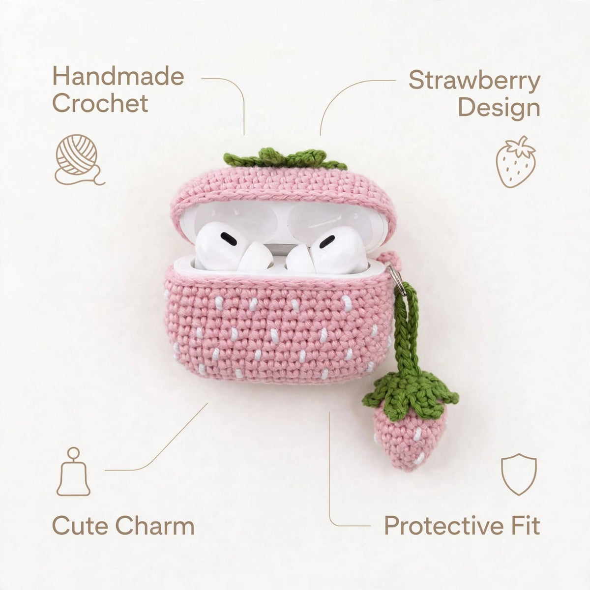 Handmade Crochet Earbuds Case – Pink & Baby Pink Cover with Strawberry Charm