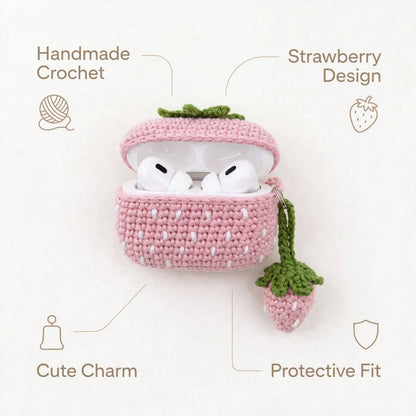 Handmade Crochet Earbuds Case – Pink & Baby Pink Cover with Strawberry Charm