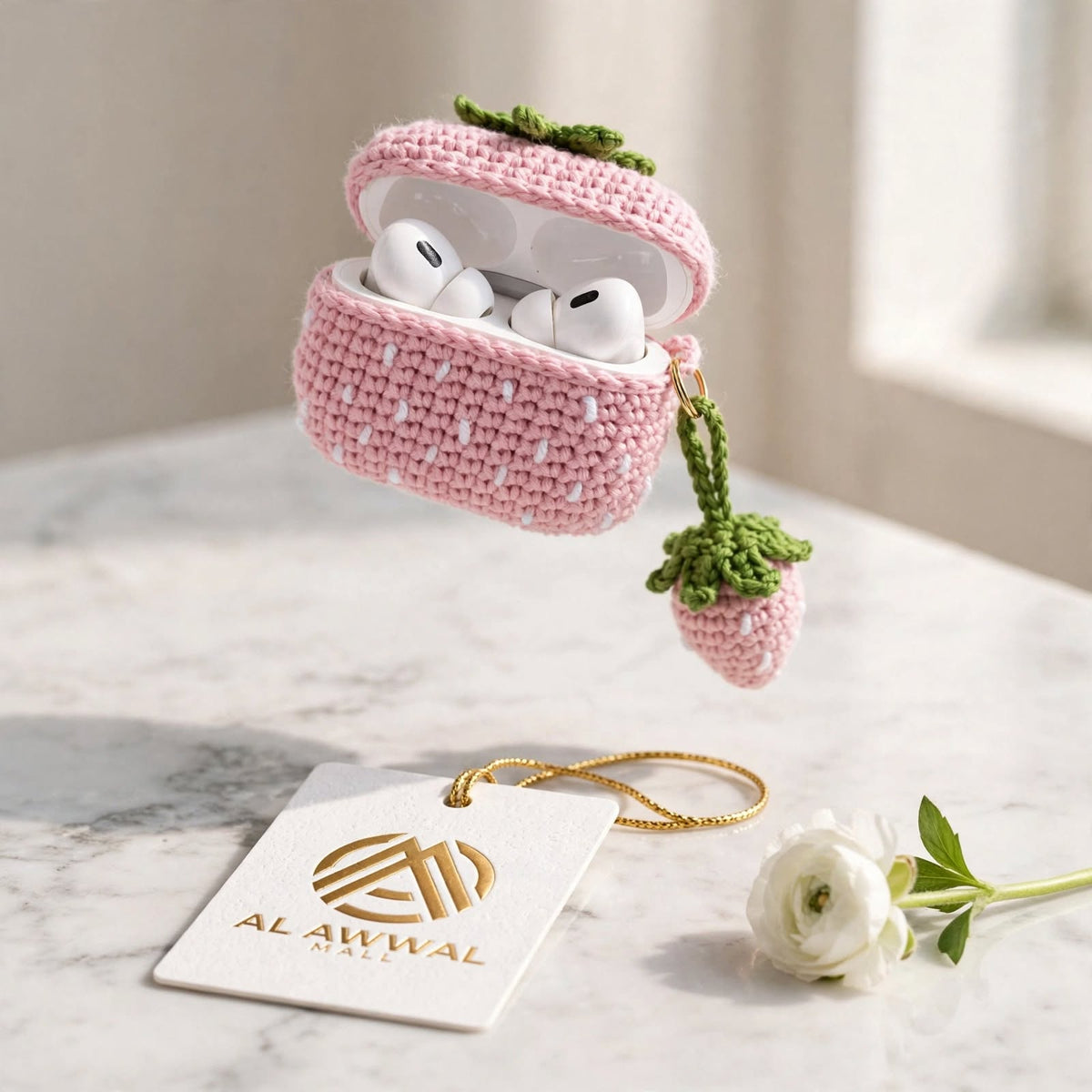 Handmade Crochet Earbuds Case – Pink & Baby Pink Cover with Strawberry Charm