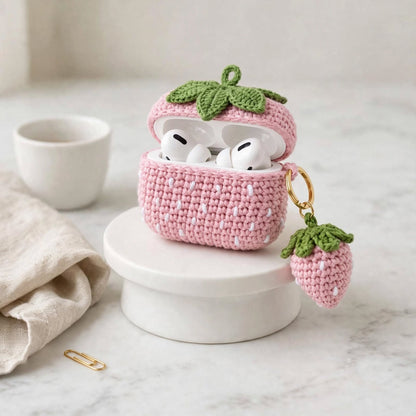Handmade Crochet Earbuds Case – Pink & Baby Pink Cover with Strawberry Charm