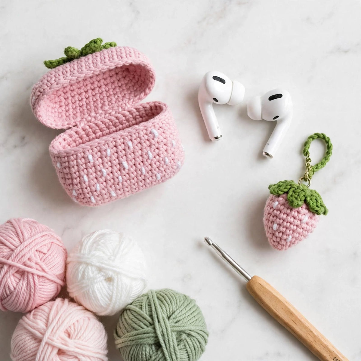 Handmade Crochet Earbuds Case – Pink & Baby Pink Cover with Strawberry Charm