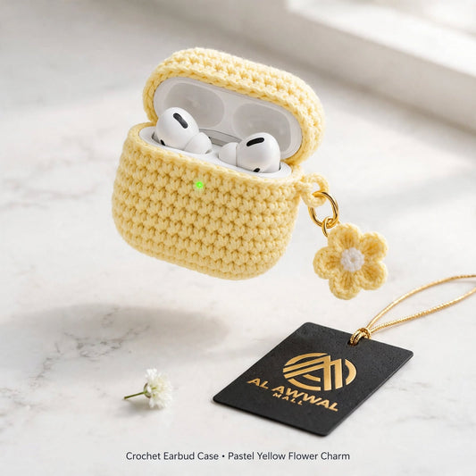 Handmade Crochet Earbuds Case – Soft Lemon Yellow with Flower Chain Charm