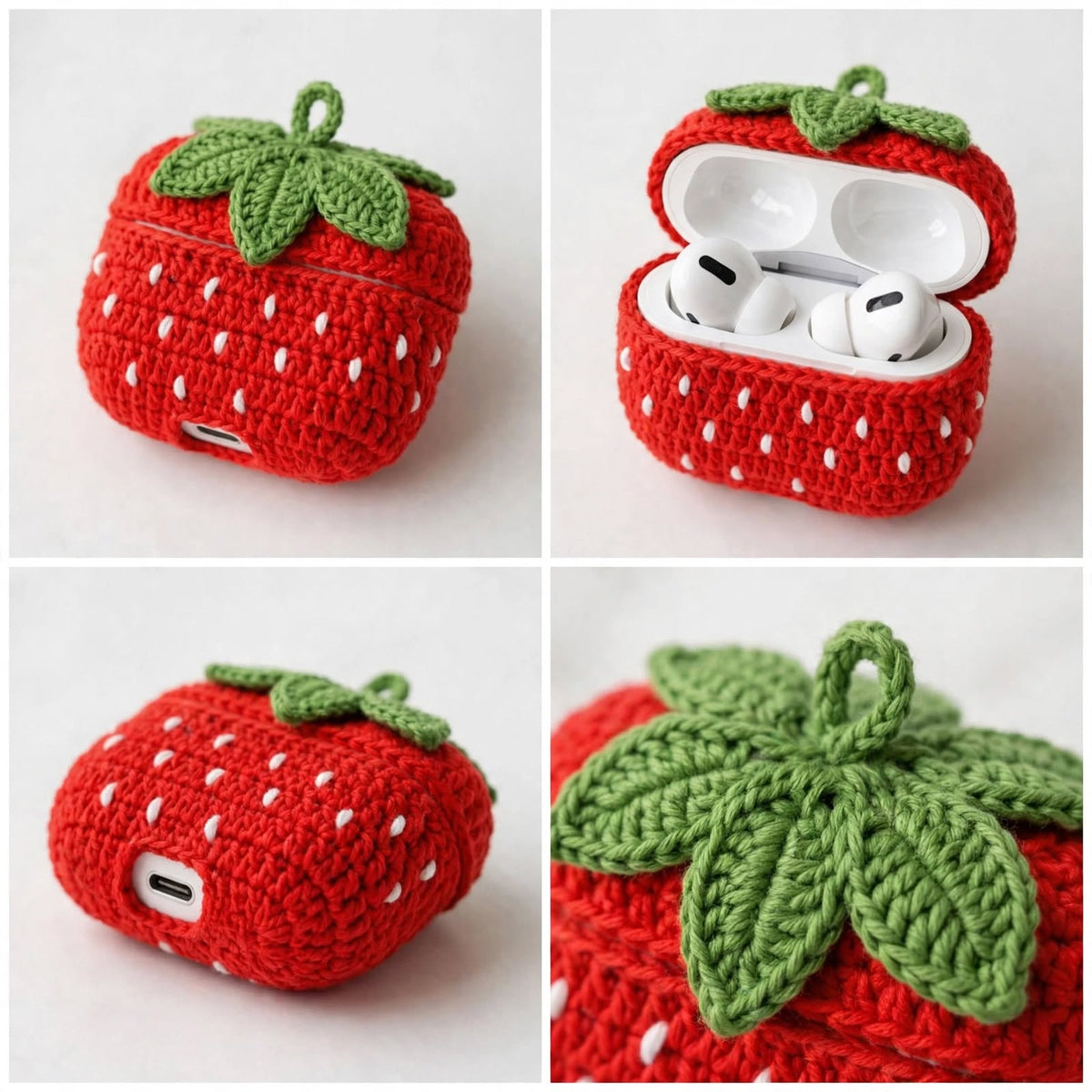 Handmade Crochet Strawberry AirPods Case – Red & White with Green Leaf Top