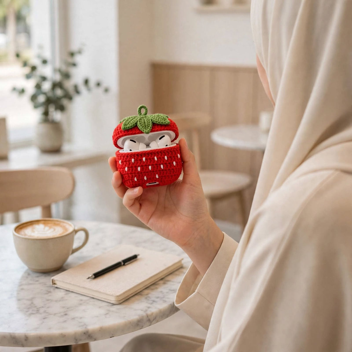 Handmade Crochet Strawberry AirPods Case – Red & White with Green Leaf Top