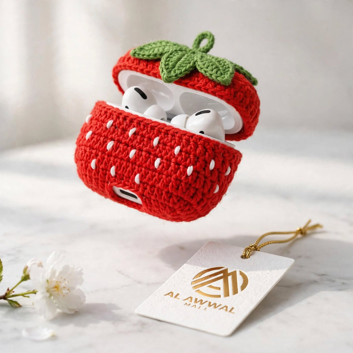 Handmade Crochet Strawberry AirPods Case – Red & White with Green Leaf Top
