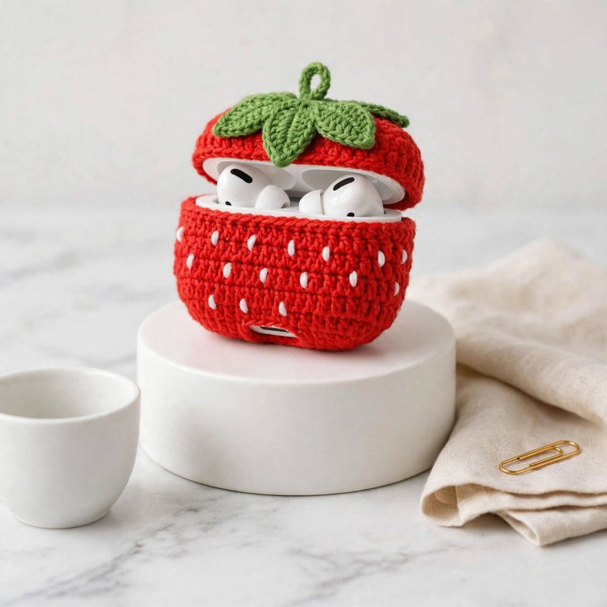 Handmade Crochet Strawberry AirPods Case – Red & White with Green Leaf Top