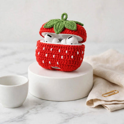 Handmade Crochet Strawberry AirPods Case – Red & White with Green Leaf Top