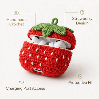 Handmade Crochet Strawberry AirPods Case – Red & White with Green Leaf Top
