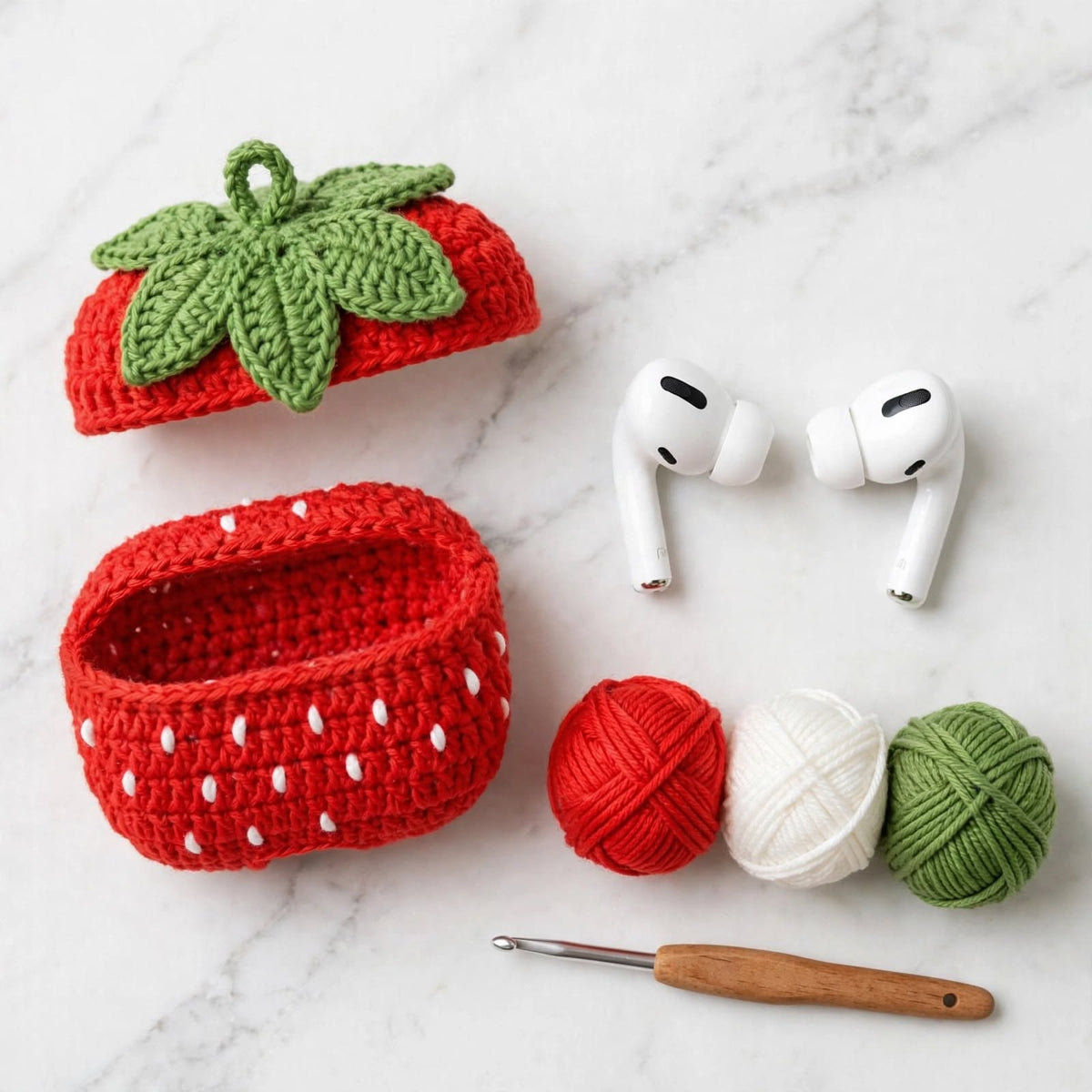 Handmade Crochet Strawberry AirPods Case – Red & White with Green Leaf Top