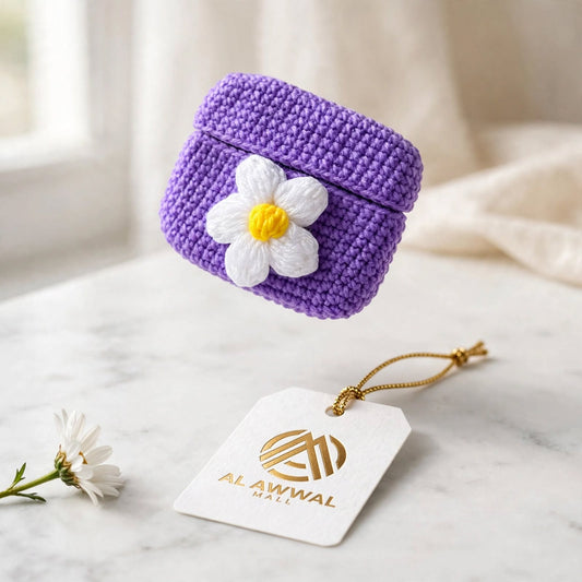 Handmade Crochet Purple AirPods Case – White Flower Design with Charging Opening