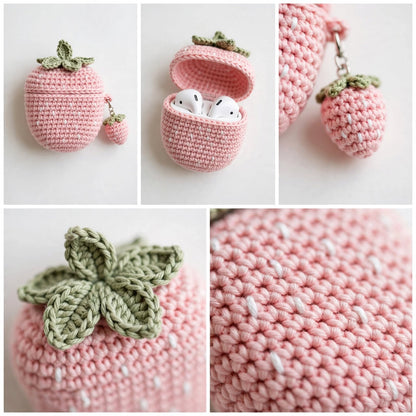 Handmade Crochet AirPods Case – Ice Pink with Green Leaves & Strawberry Charm
