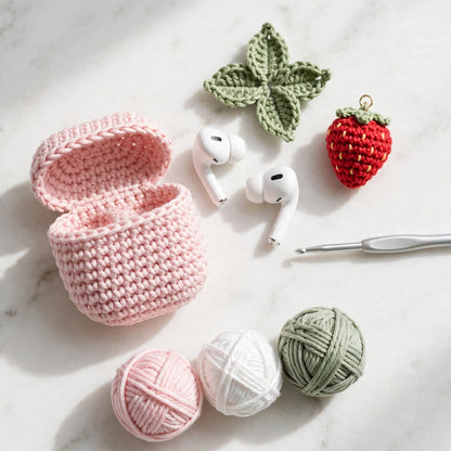 Handmade Crochet AirPods Case – Ice Pink with Green Leaves & Strawberry Charm