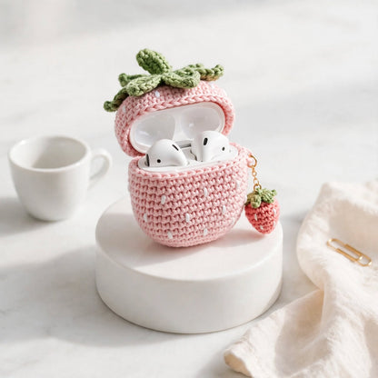 Handmade Crochet AirPods Case – Ice Pink with Green Leaves & Strawberry Charm