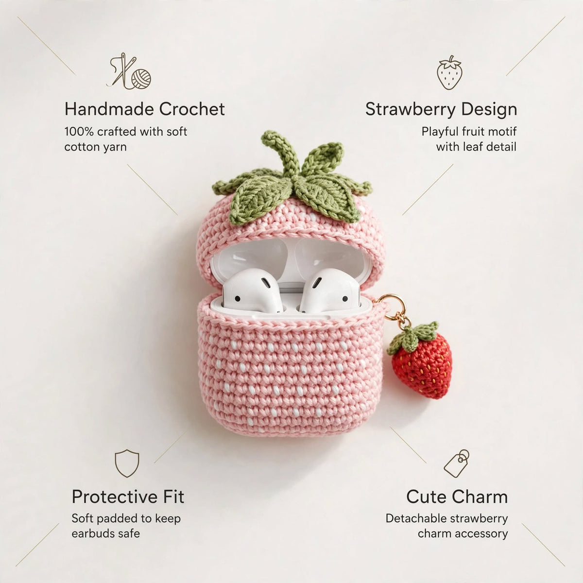 Handmade Crochet AirPods Case – Ice Pink with Green Leaves & Strawberry Charm
