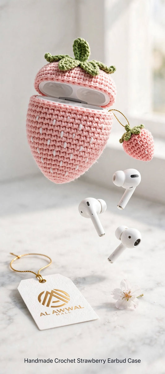 Handmade Crochet AirPods Case – Ice Pink with Green Leaves & Strawberry Charm