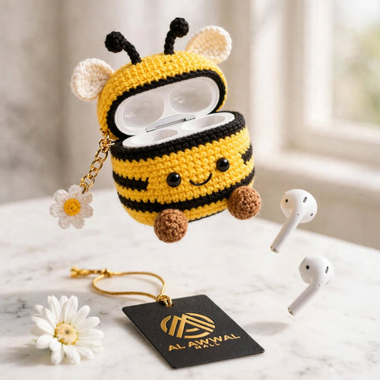 Handmade Crochet Honey Bee AirPods Case – Yellow & Black with Golden Chain Flower Charm