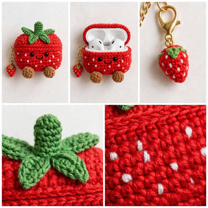 Handmade Crochet Strawberry AirPods Case – Red & White with Green Leaves & Golden Chain