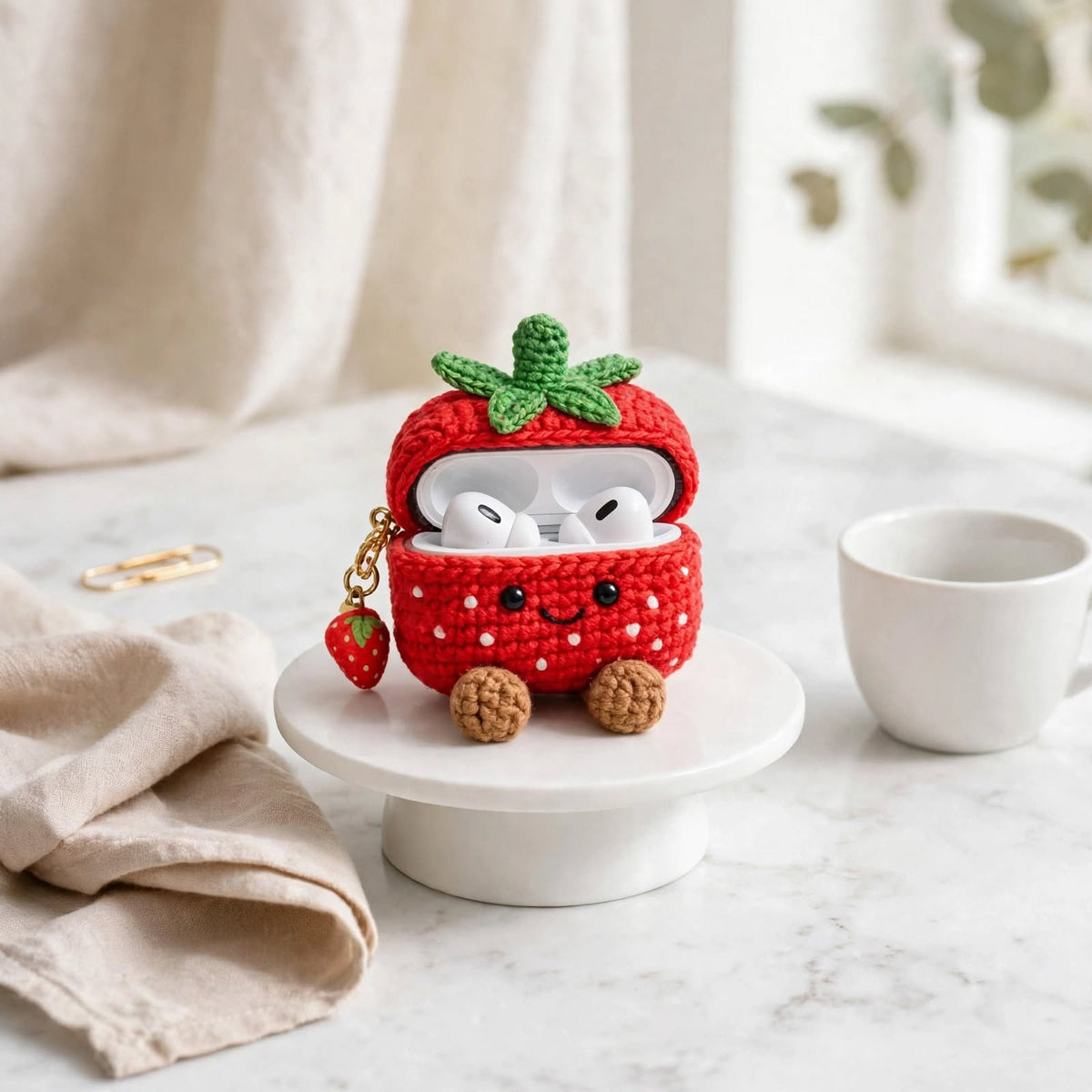 Handmade Crochet Strawberry AirPods Case – Red & White with Green Leaves & Golden Chain