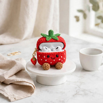 Handmade Crochet Strawberry AirPods Case – Red & White with Green Leaves & Golden Chain