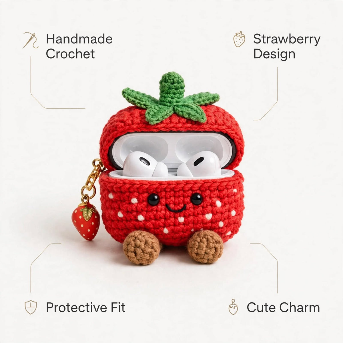 Handmade Crochet Strawberry AirPods Case – Red & White with Green Leaves & Golden Chain