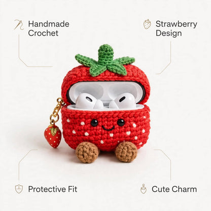 Handmade Crochet Strawberry AirPods Case – Red & White with Green Leaves & Golden Chain