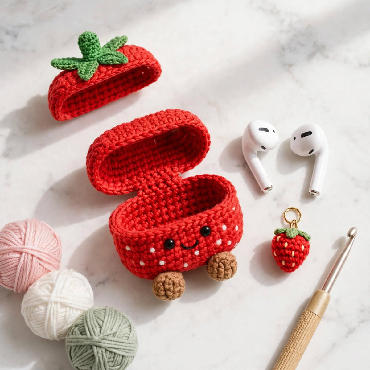 Handmade Crochet Strawberry AirPods Case – Red & White with Green Leaves & Golden Chain