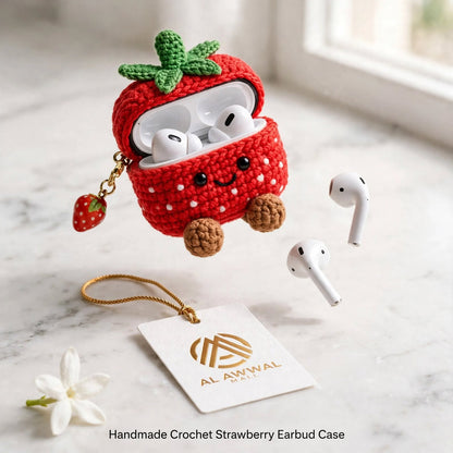 Handmade Crochet Strawberry AirPods Case – Red & White with Green Leaves & Golden Chain