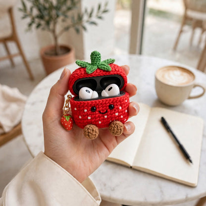 Handmade Crochet Strawberry AirPods Case – Red & White with Green Leaves & Golden Chain