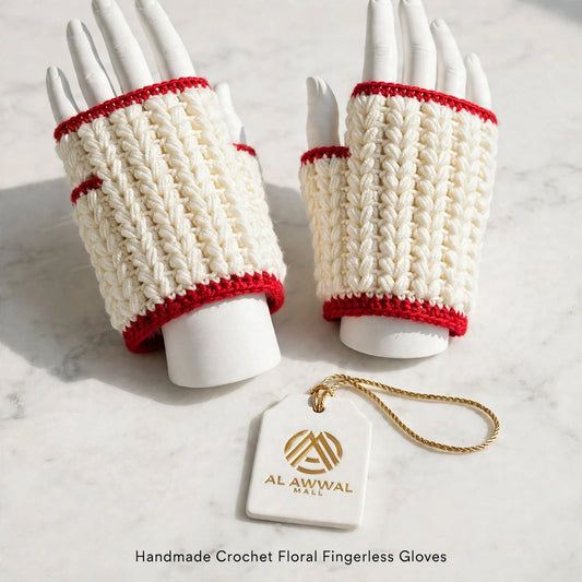 Handmade Crochet Fingerless Gloves – Cream with Red Border
