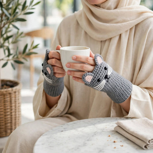 Handmade Crochet Cat Fingerless Gloves – Gray with Pink Ears & White Whiskers