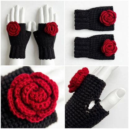 Handmade Crochet Fingerless Gloves – Pure Black with Side Maroon Rose