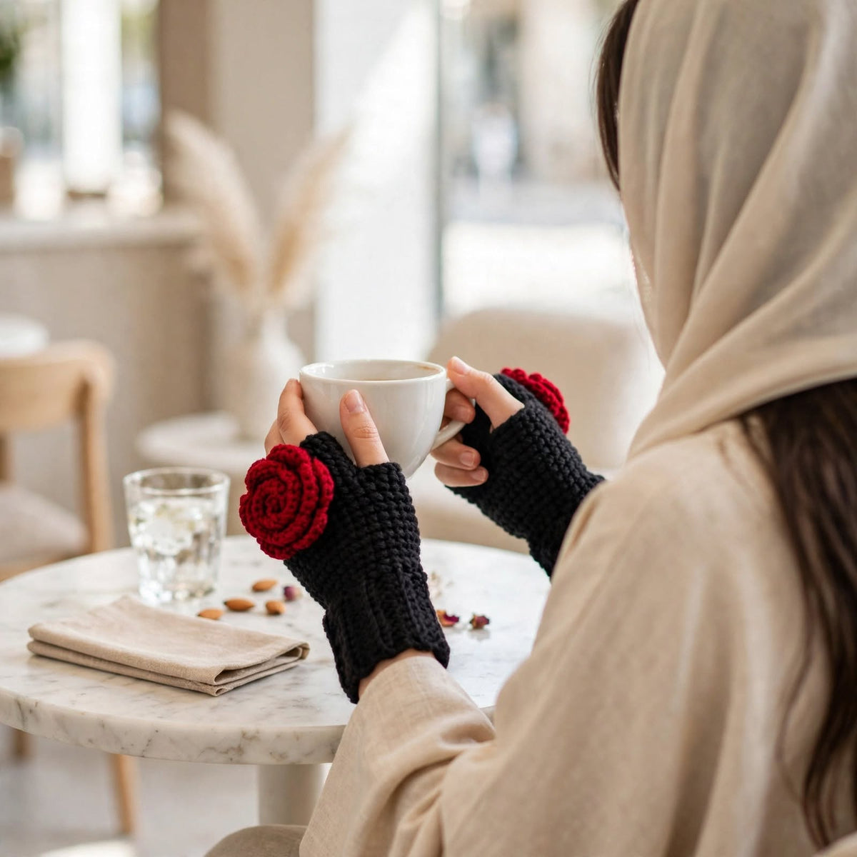 Handmade Crochet Fingerless Gloves – Pure Black with Side Maroon Rose